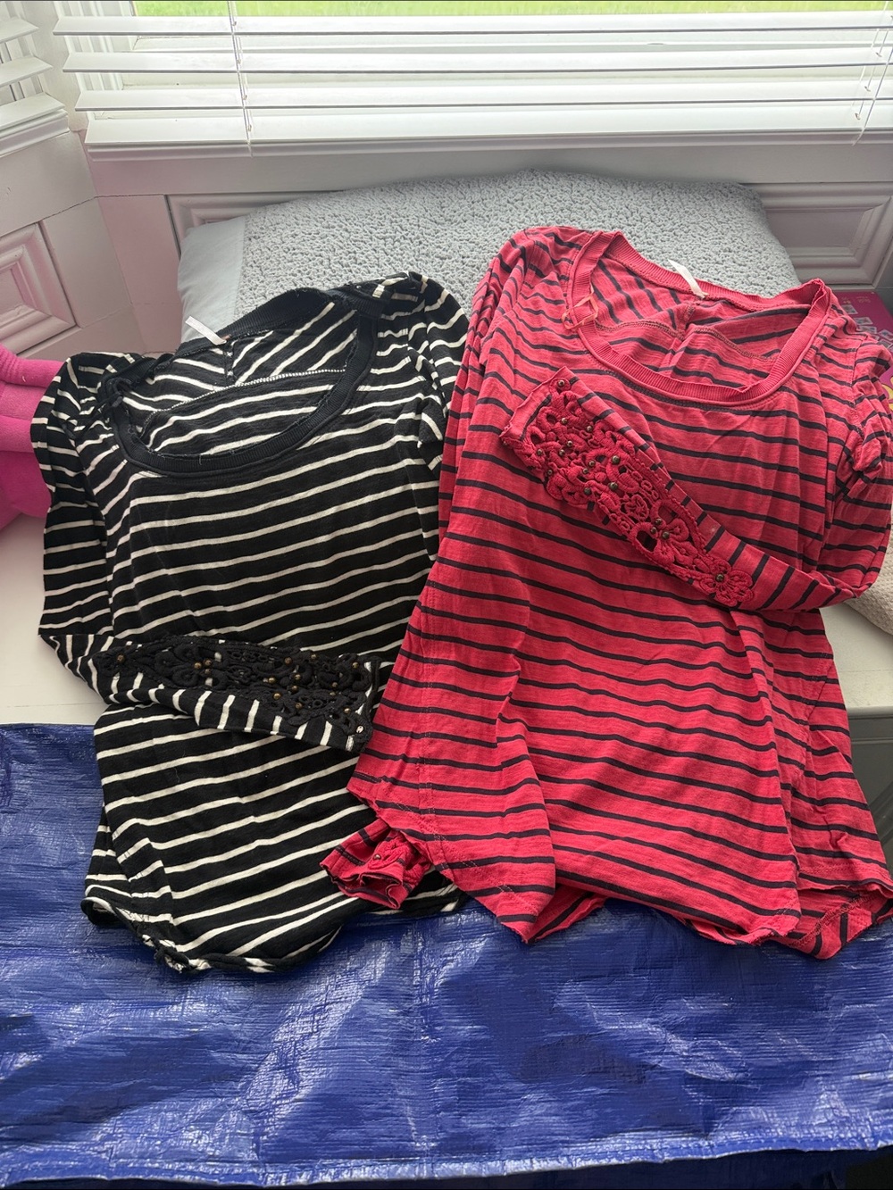 Free People Striped Long-Sleeve Tees in Red and Black